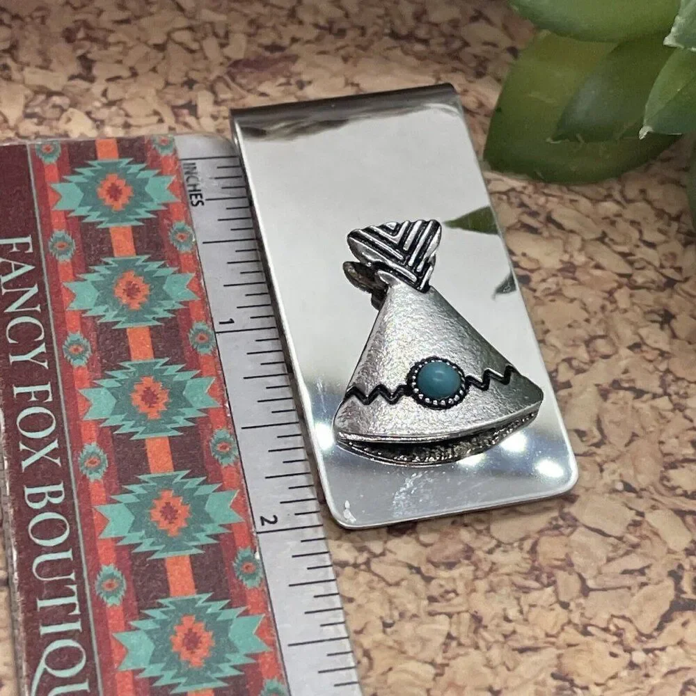 Teepee Tipi Native American Money Clip Stainless Steel Arrow Quality  Turquoise